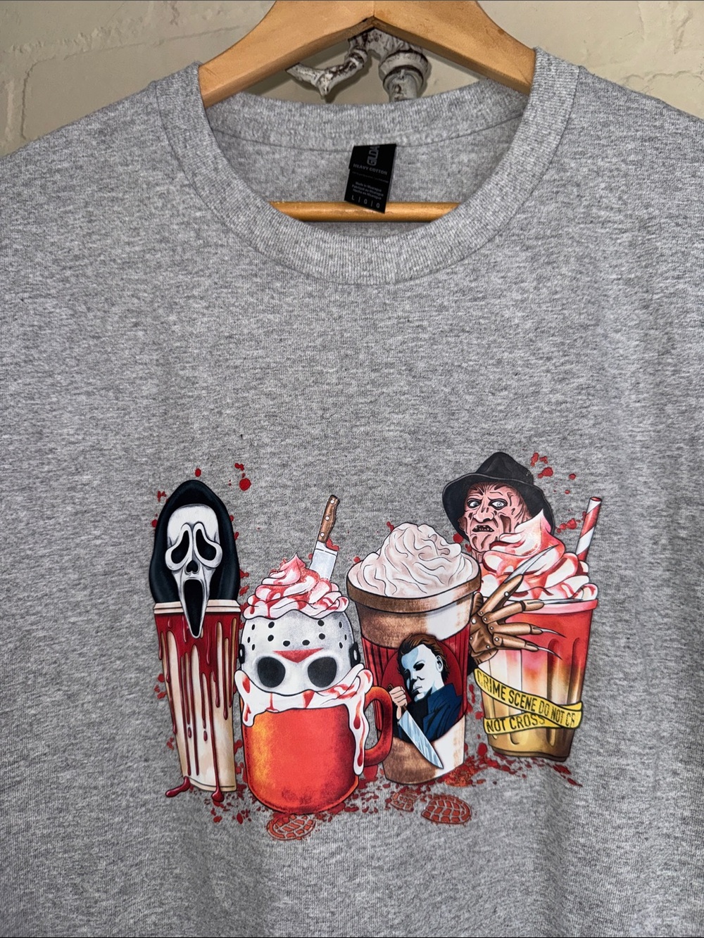 Horror Character Graphic Tee large Gray new pumpkin spice latte